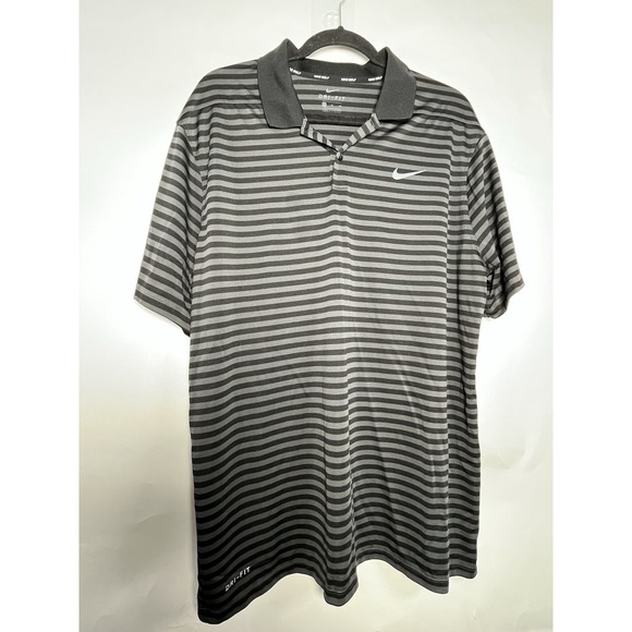 Nike Men's Dri-Fit Striped Golf Polo Black Grey Activewear Size XL Preppy EUC - Picture 1 of 8